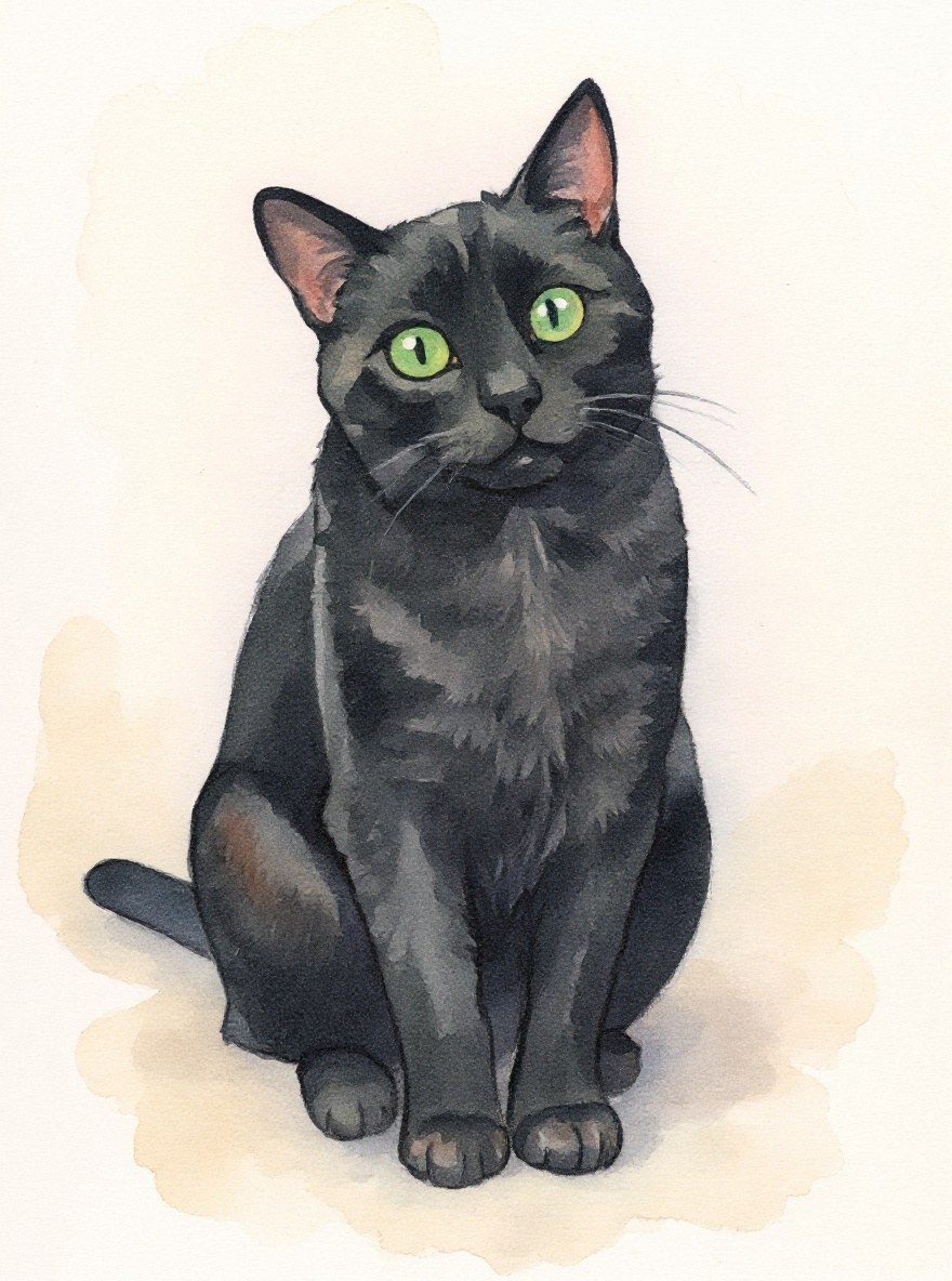 Black cat watercolour portrait